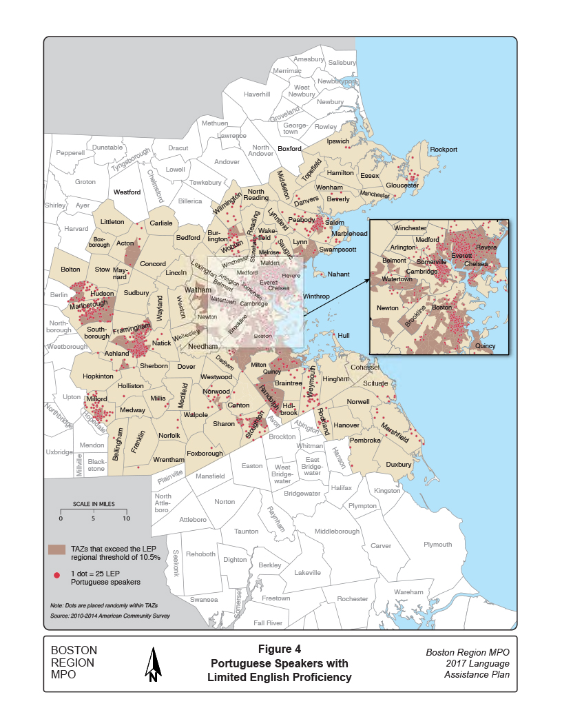 Figure 4. Portuguese Speakers with Limited English Proficiency
This map shows the distribution of Portuguese speakers with limited English proficiency in the Boston Region MPO area.
